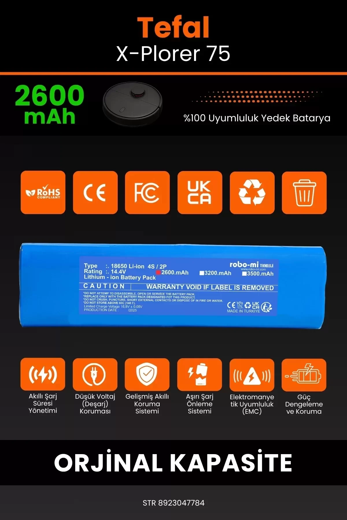 Tefal X-Plorer 75 2600mAh Robot Süpürge Bataryası - Gerçek Kapasite, Maksimum Güvenlik