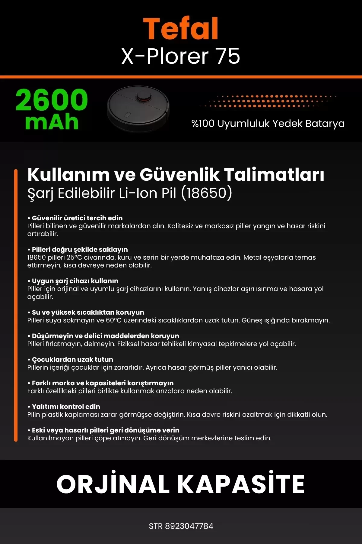 Tefal X-Plorer 75 2600mAh Robot Süpürge Bataryası - Gerçek Kapasite, Maksimum Güvenlik