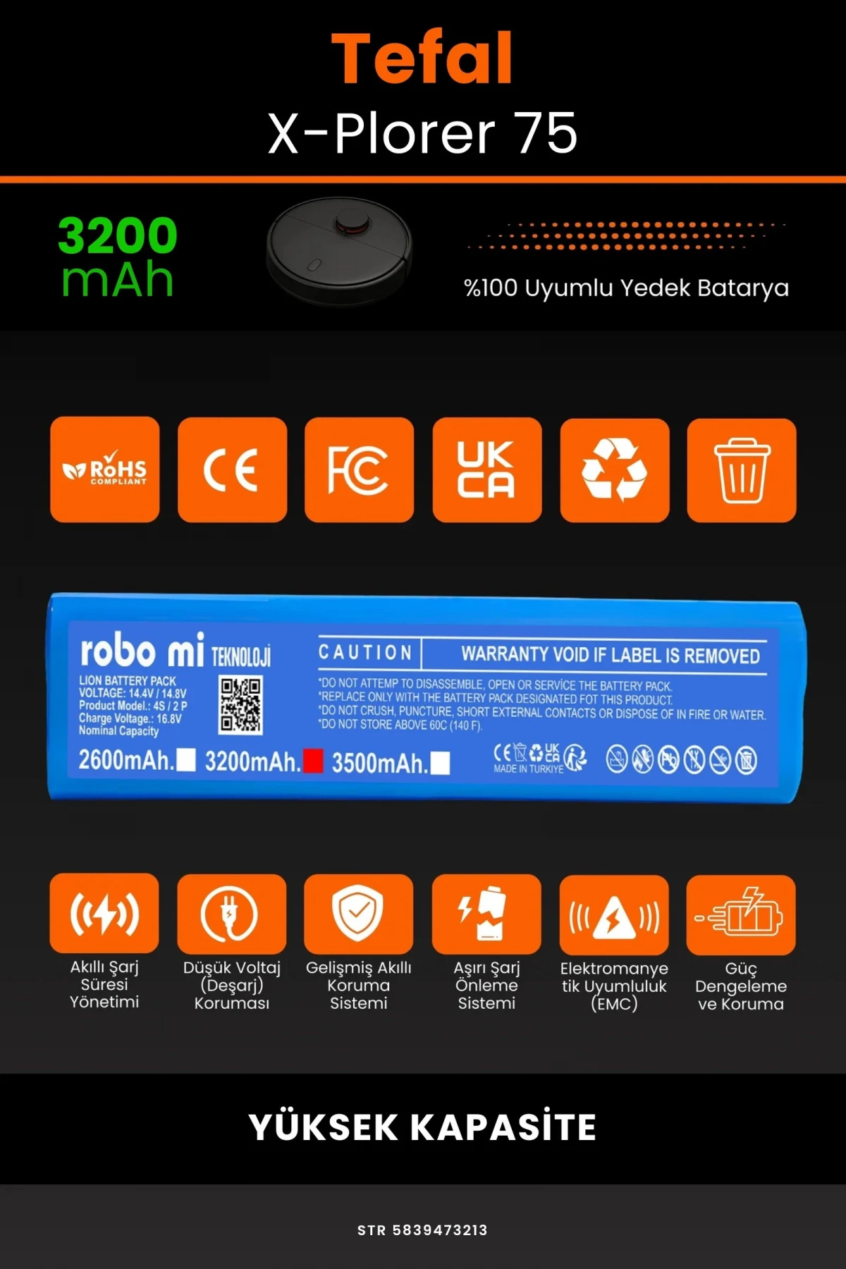Tefal X-Plorer 75 3200mAh Robot Süpürge Bataryası - Gerçek Kapasite, Maksimum Güvenlik