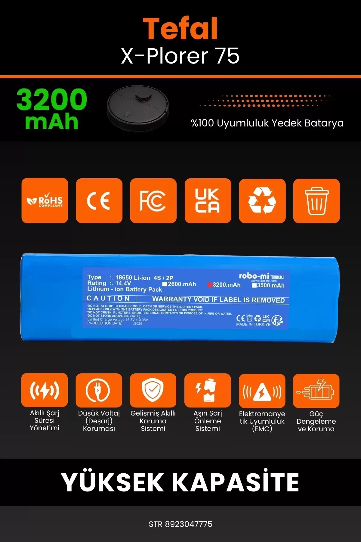 Tefal X-Plorer 75 3200mAh Robot Süpürge Bataryası - Gerçek Kapasite, Maksimum Güvenlik