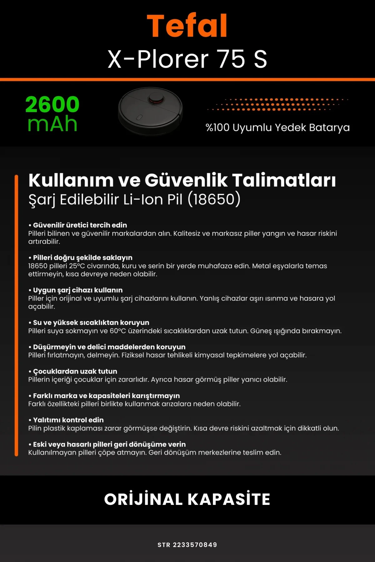 Tefal X-Plorer 75 S 2600mAh Robot Süpürge Bataryası - Gerçek Kapasite, Maksimum Güvenlik
