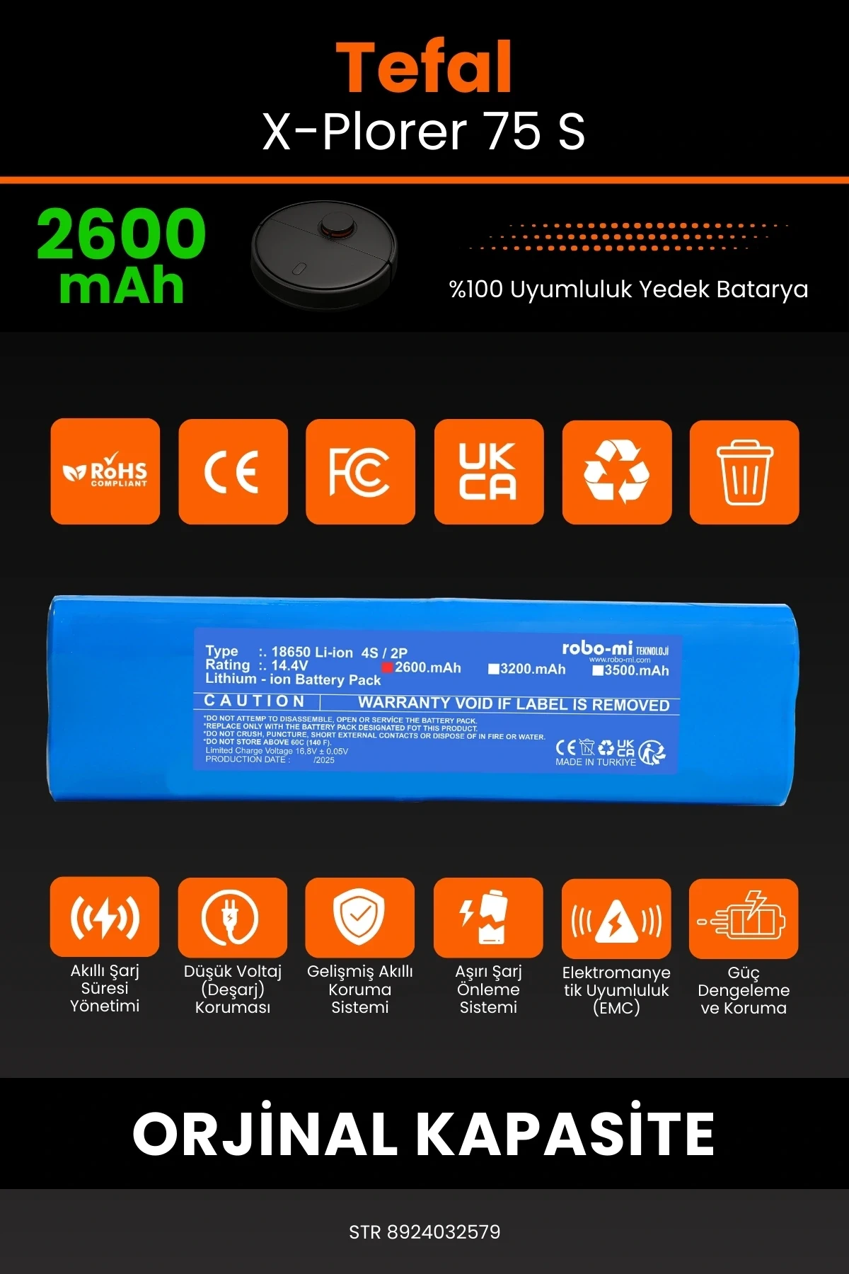 Tefal X-Plorer 75 S 2600mAh Robot Süpürge Bataryası - Sertifikalı Güvenlik, Gerçek Kapasite