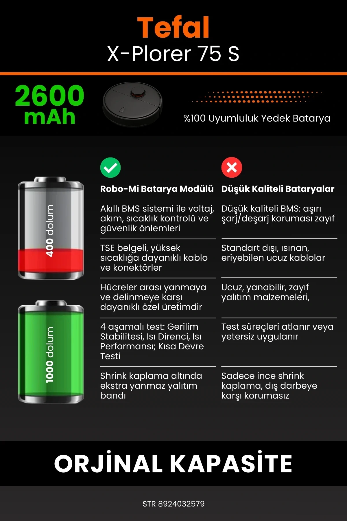 Tefal X-Plorer 75 S 2600mAh Robot Süpürge Bataryası - Sertifikalı Güvenlik, Gerçek Kapasite