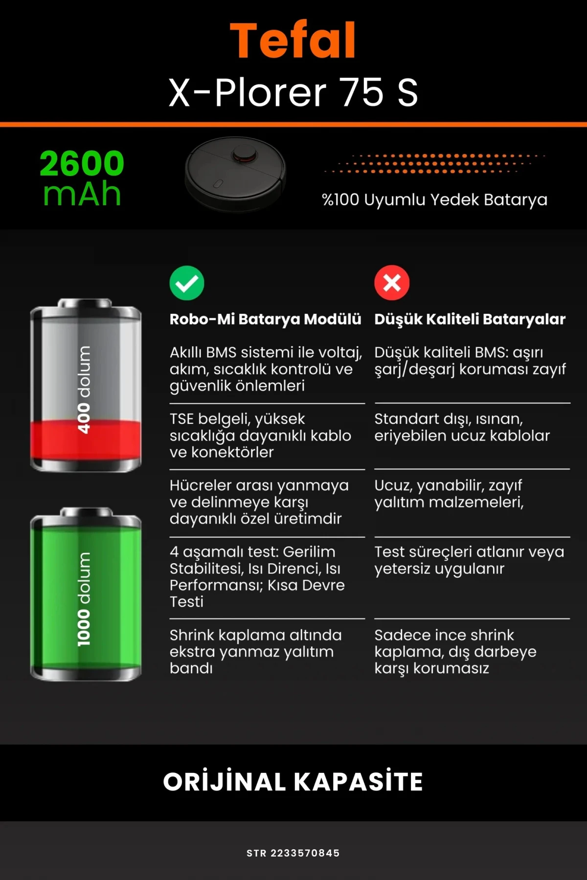 Tefal X-Plorer 75 S 2600mAh Robot Süpürge Bataryası - Sertifikalı Güvenlik, Gerçek Kapasite