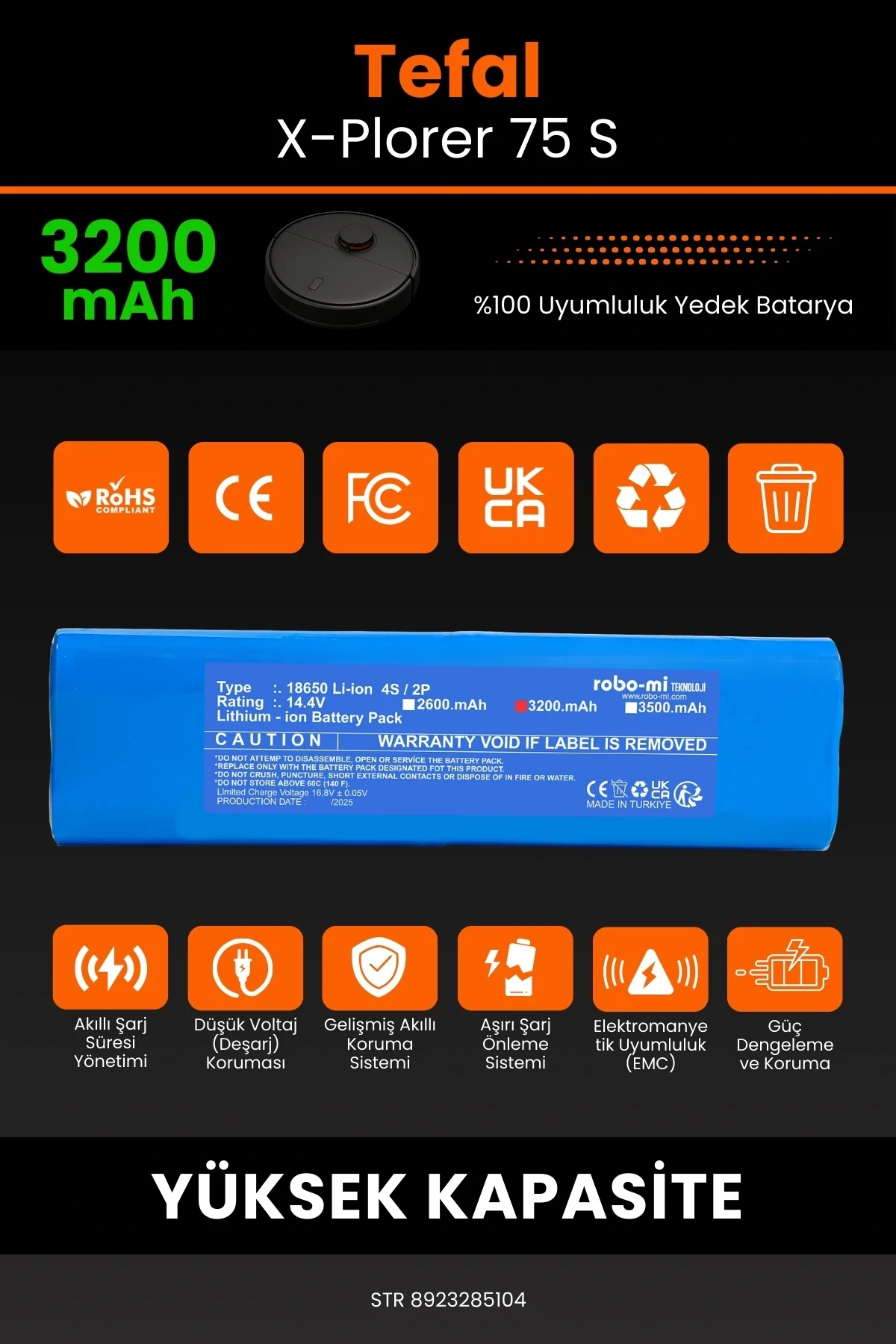 Tefal X-Plorer 75 S 3200mAh Robot Süpürge Bataryası - Yüksek Yoğunluklu Li-ion Hücre