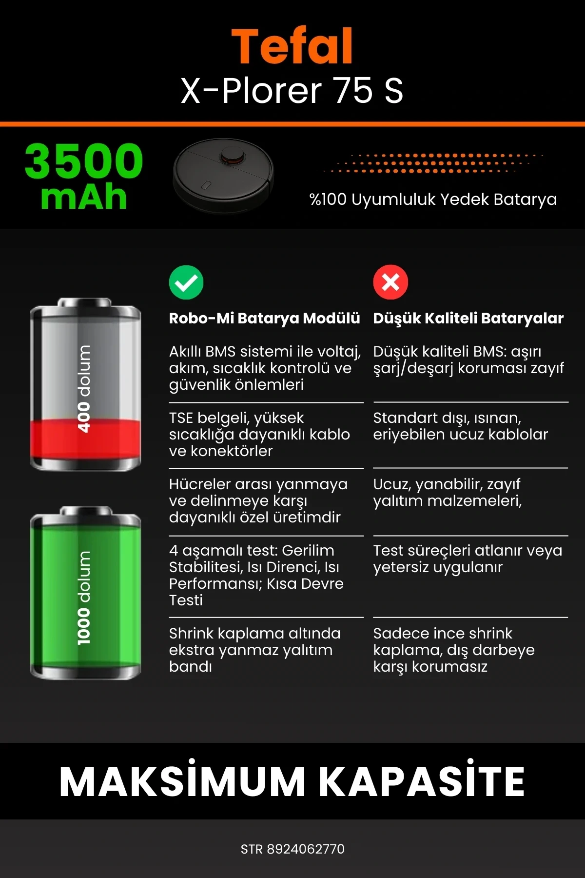 Tefal X-Plorer 75 S 3500mAh Robot Süpürge Bataryası - Gerçek Kapasite, Maksimum Güvenlik