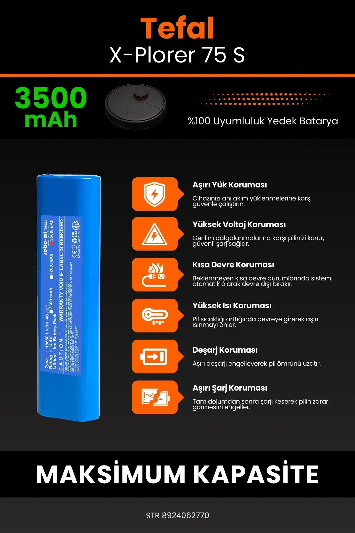 Tefal X-Plorer 75 S 3500mAh Robot Süpürge Bataryası - Gerçek Kapasite, Maksimum Güvenlik