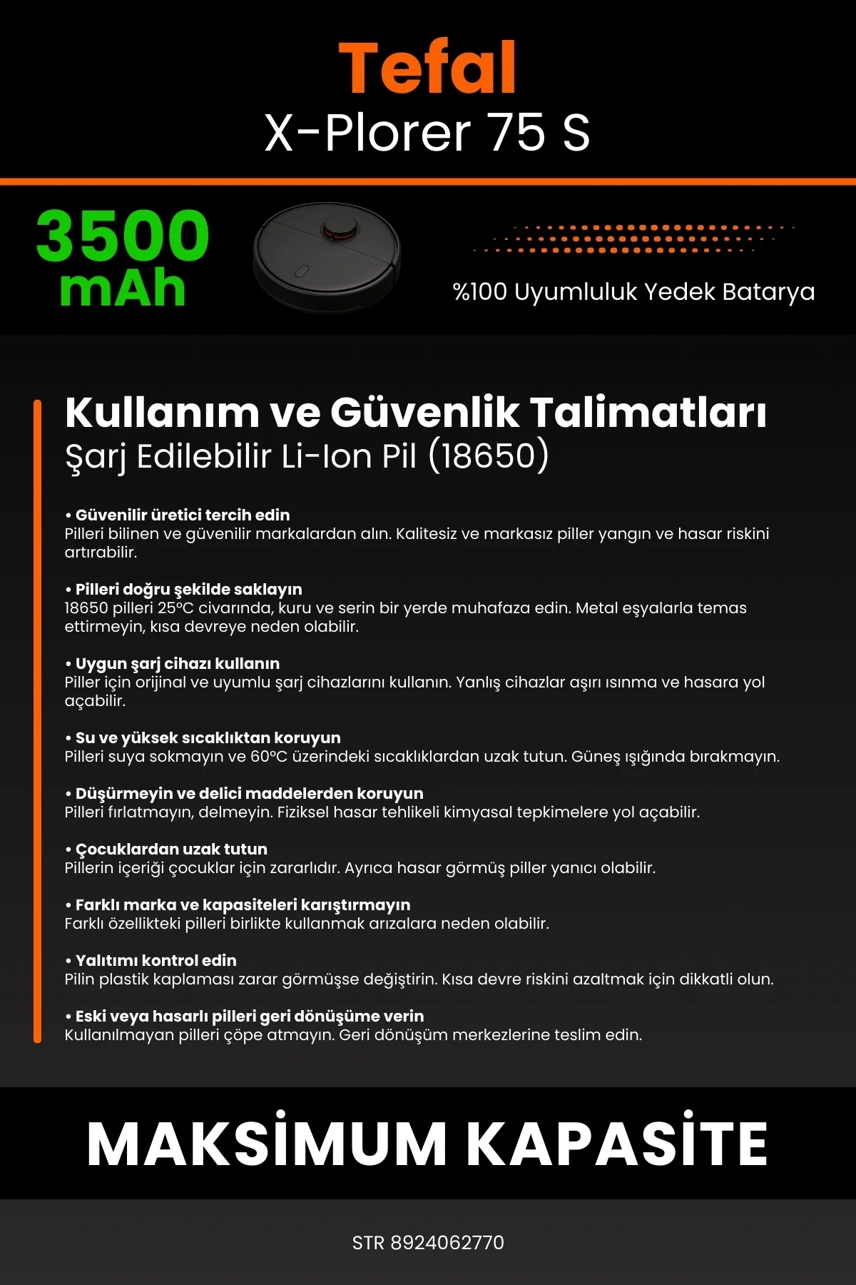Tefal X-Plorer 75 S 3500mAh Robot Süpürge Bataryası - Gerçek Kapasite, Maksimum Güvenlik