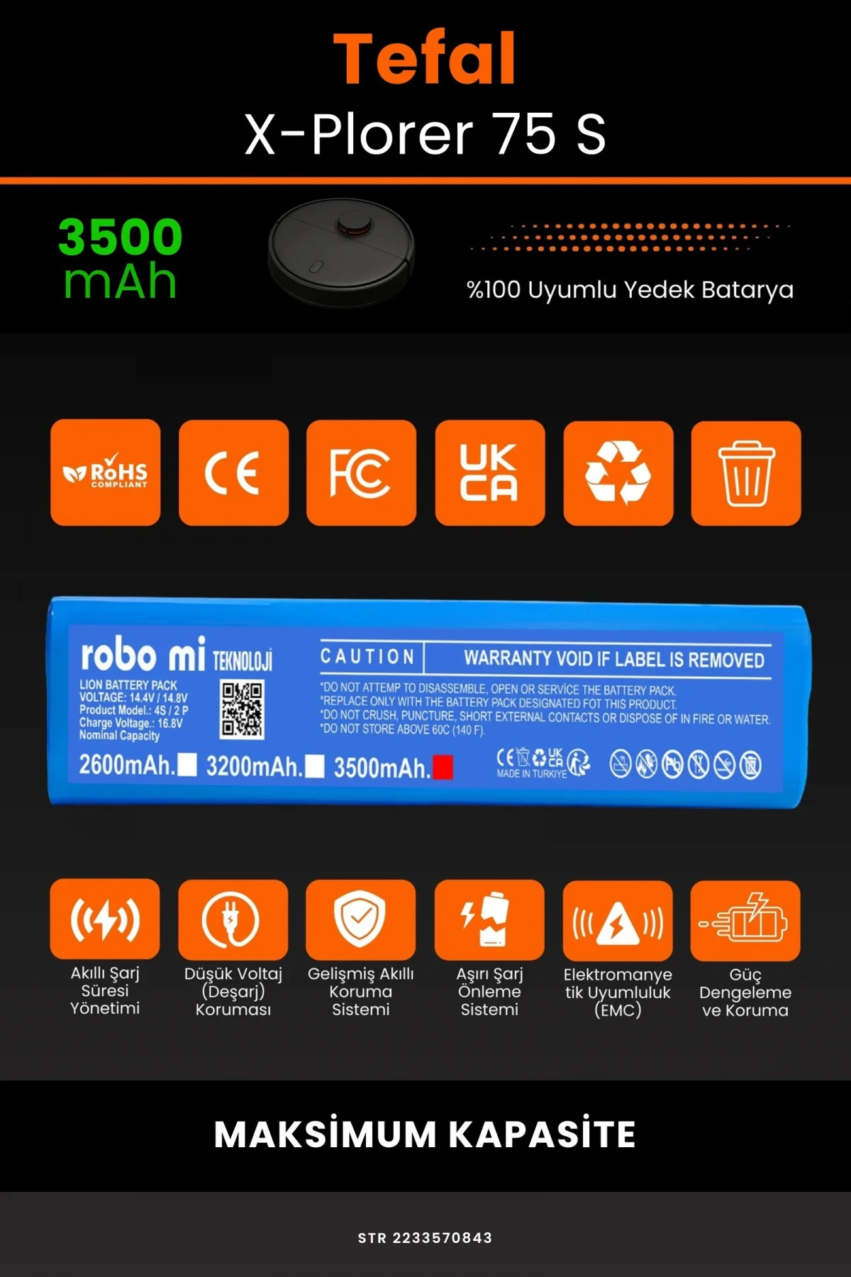 Tefal X-Plorer 75 S 3500mAh Robot Süpürge Bataryası - Koruma Katmanlı Batarya Teknolojisi