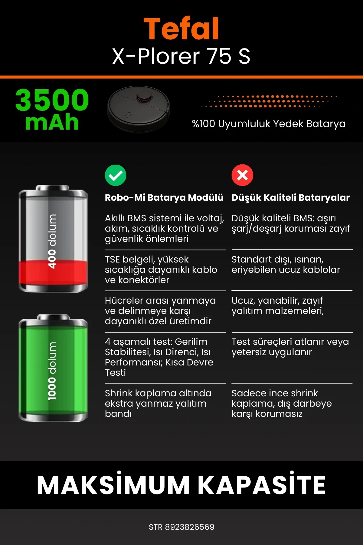 Tefal X-Plorer 75 S 3500mAh Robot Süpürge Bataryası - Koruma Katmanlı Batarya Teknolojisi