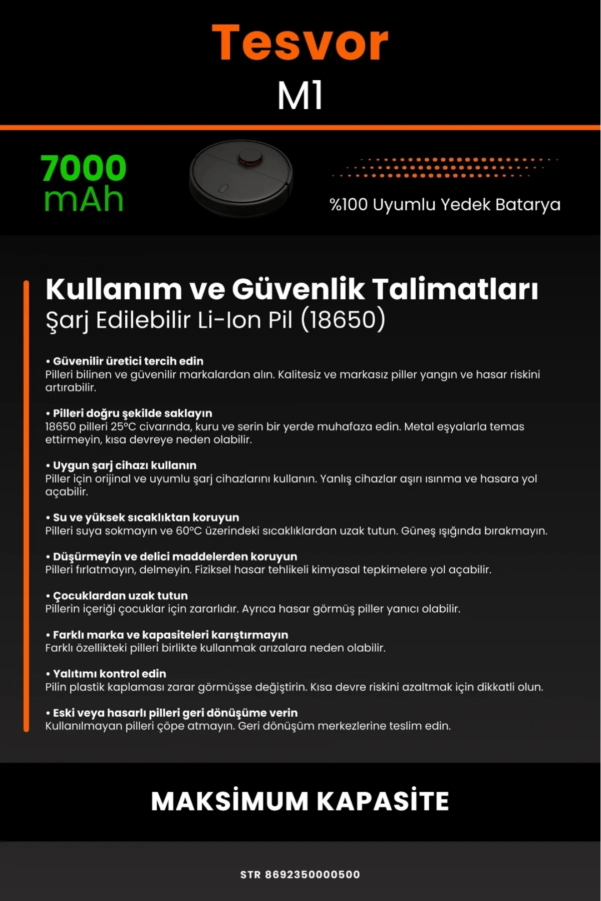 Tesvor M1 Uyumlu Lityum İyon Robot Süpürge Bataryası - Maksimum Kapasite 7000mAh