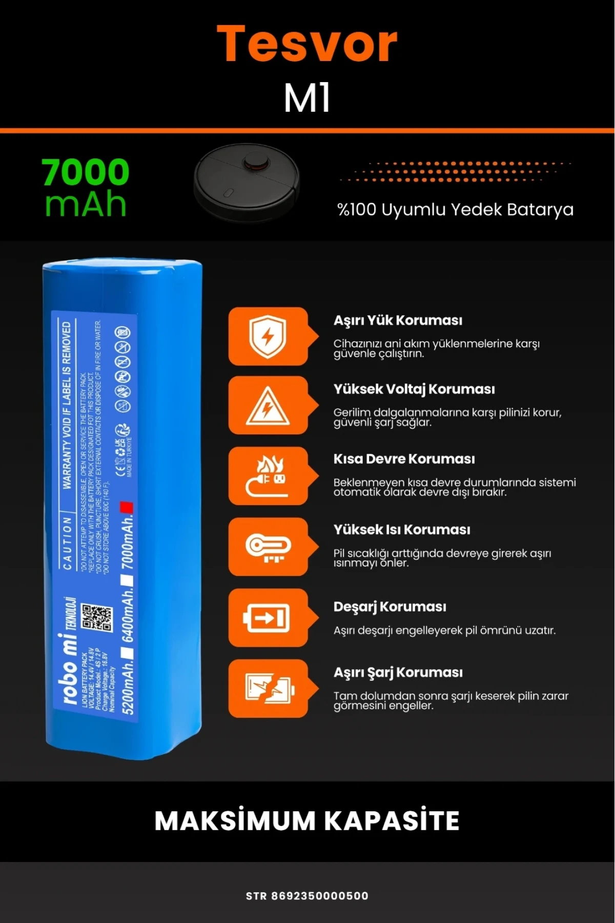 Tesvor M1 Uyumlu Lityum İyon Robot Süpürge Bataryası - Maksimum Kapasite 7000mAh