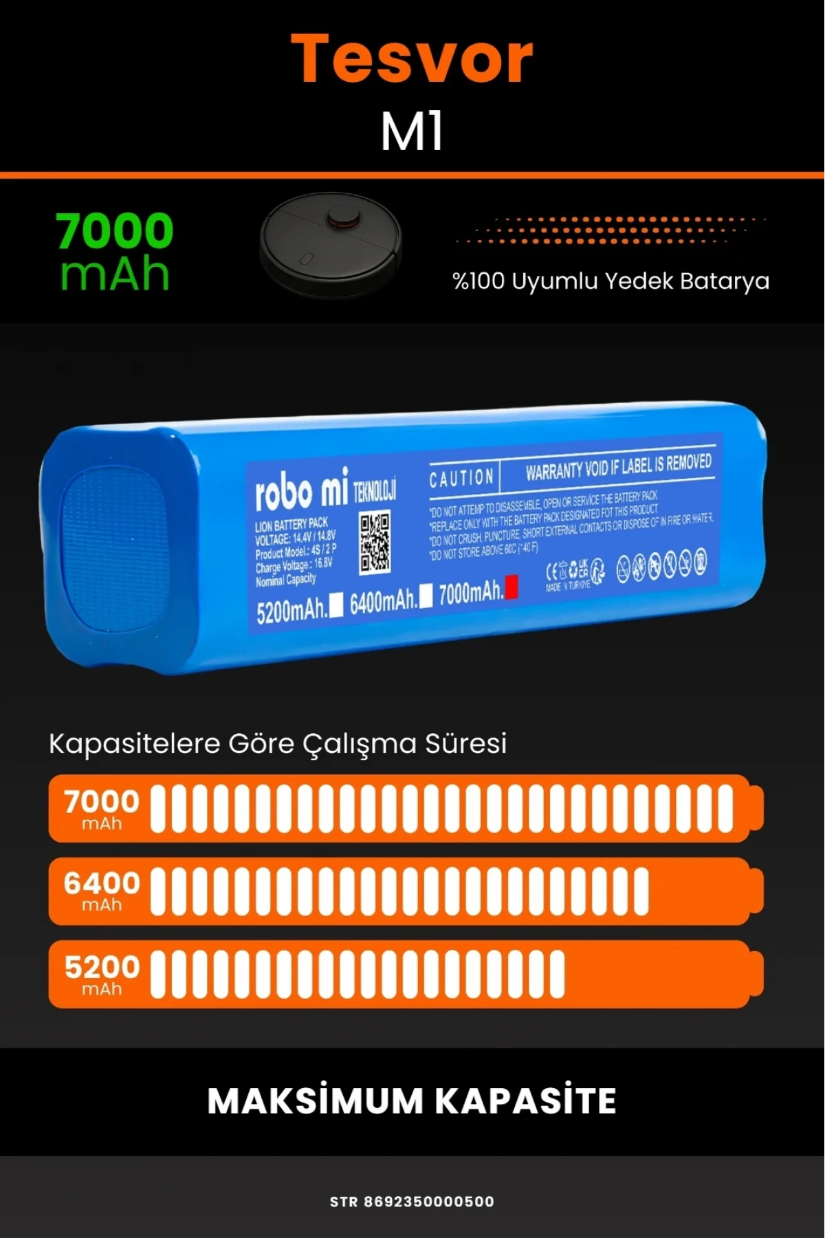 Tesvor M1 Uyumlu Lityum İyon Robot Süpürge Bataryası - Maksimum Kapasite 7000mAh