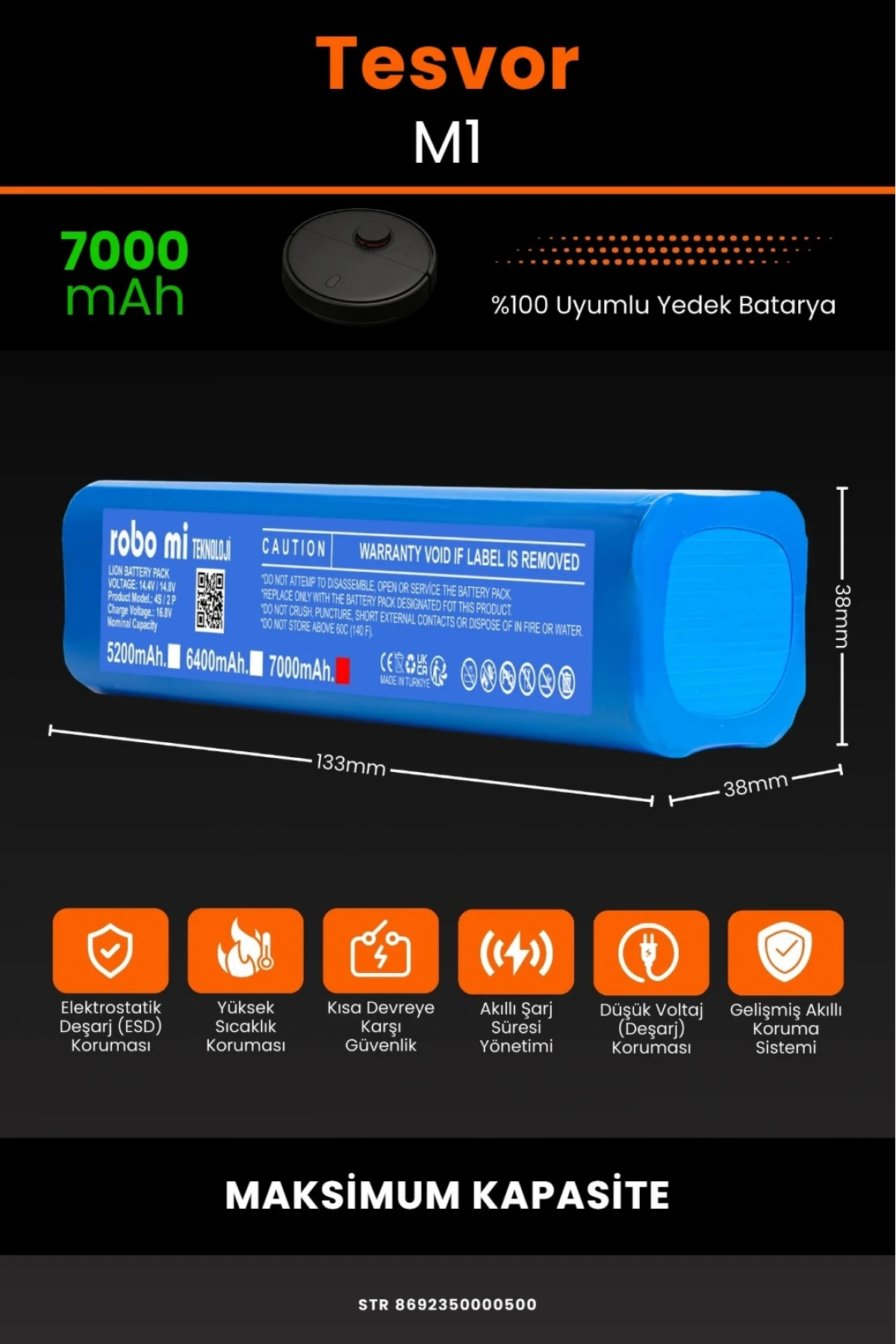 Tesvor M1 Uyumlu Lityum İyon Robot Süpürge Bataryası - Maksimum Kapasite 7000mAh