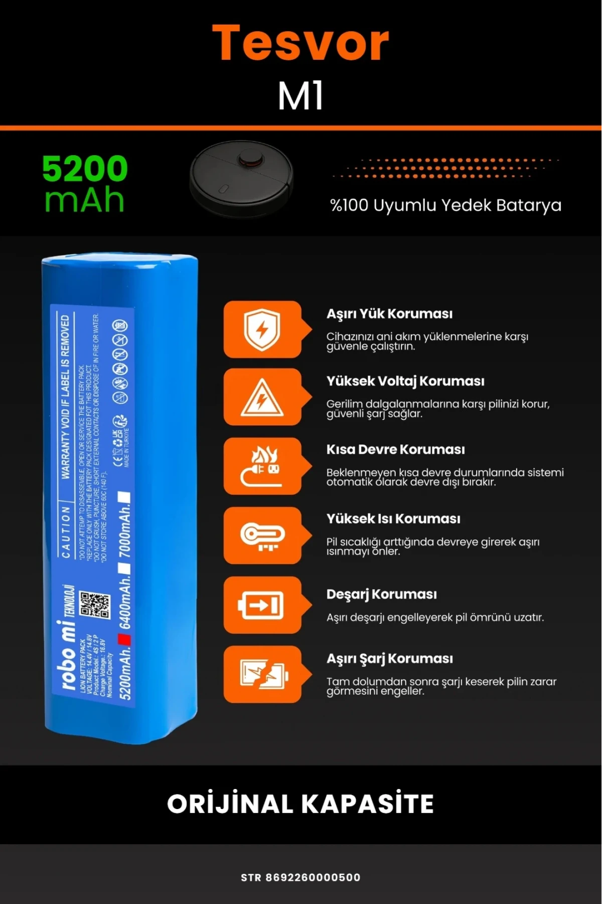 Tesvor M1 Uyumlu Lityum İyon Robot Süpürge Bataryası - Orijinal Kapasite 5200mAh