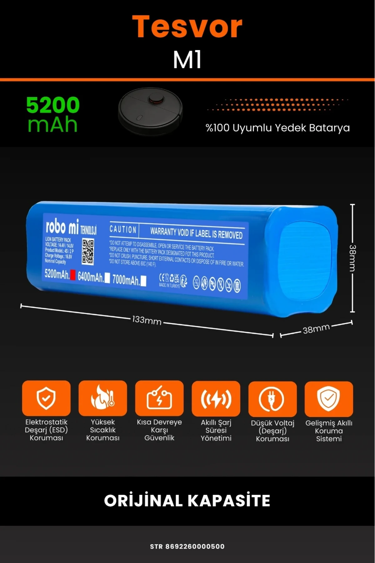 Tesvor M1 Uyumlu Lityum İyon Robot Süpürge Bataryası - Orijinal Kapasite 5200mAh