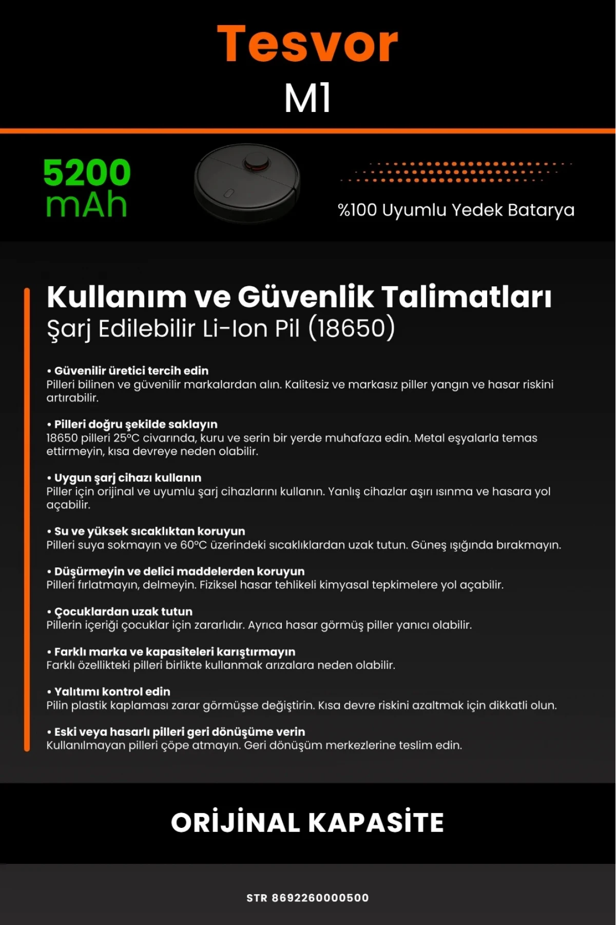 Tesvor M1 Uyumlu Lityum İyon Robot Süpürge Bataryası - Orijinal Kapasite 5200mAh