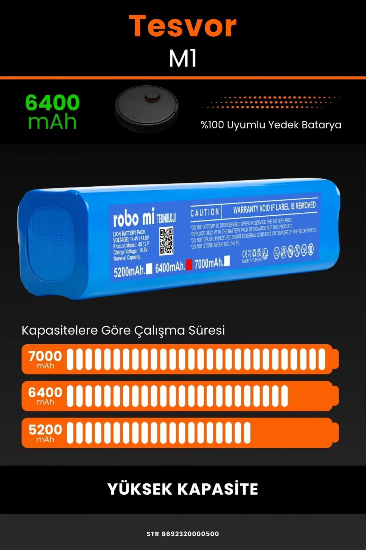 Tesvor M1 Uyumlu Lityum İyon Robot Süpürge Bataryası - Yüksek Kapasite 6400mAh