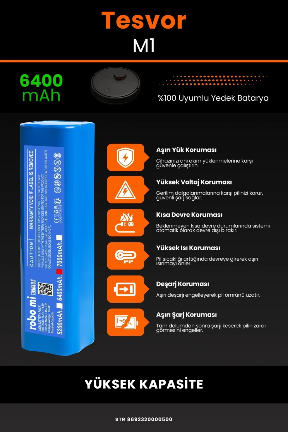 Tesvor M1 Uyumlu Lityum İyon Robot Süpürge Bataryası - Yüksek Kapasite 6400mAh