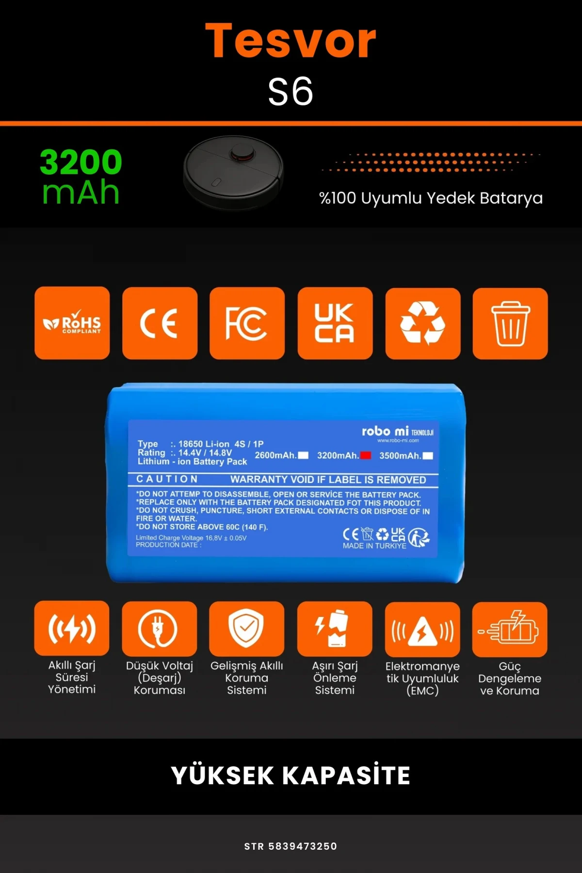 Tesvor S6 3200mAh Robot Süpürge Bataryası - Gerçek Kapasite, Maksimum Güvenlik