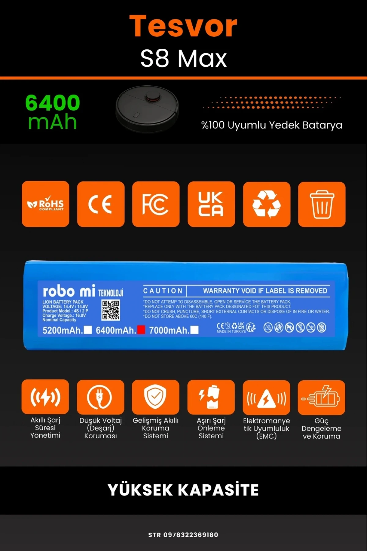Tesvor S8 Max Uyumlu 6400mAh Robot Süpürge Bataryası - Yüksek Kapasite