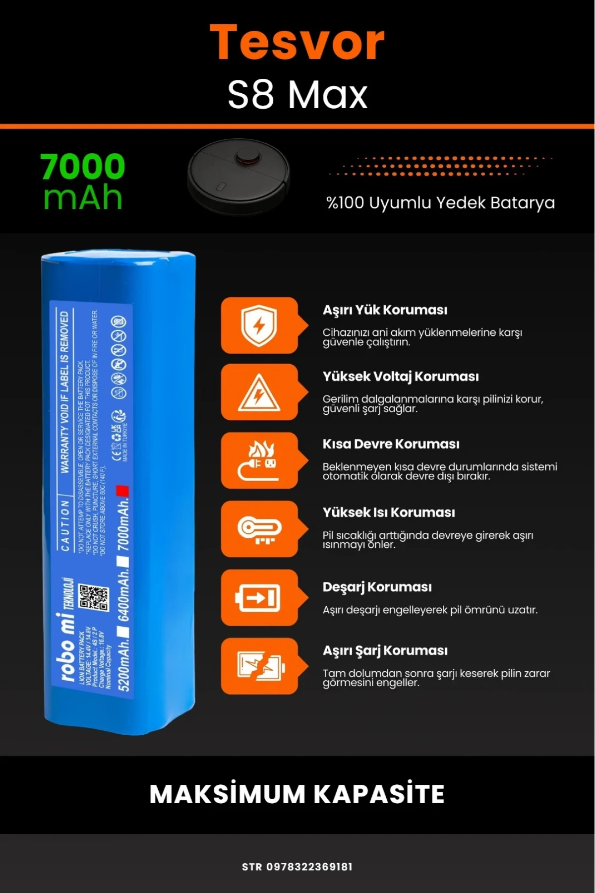 Tesvor S8 Max Uyumlu 7000mAh Robot Süpürge Bataryası - Maksimum Kapasite