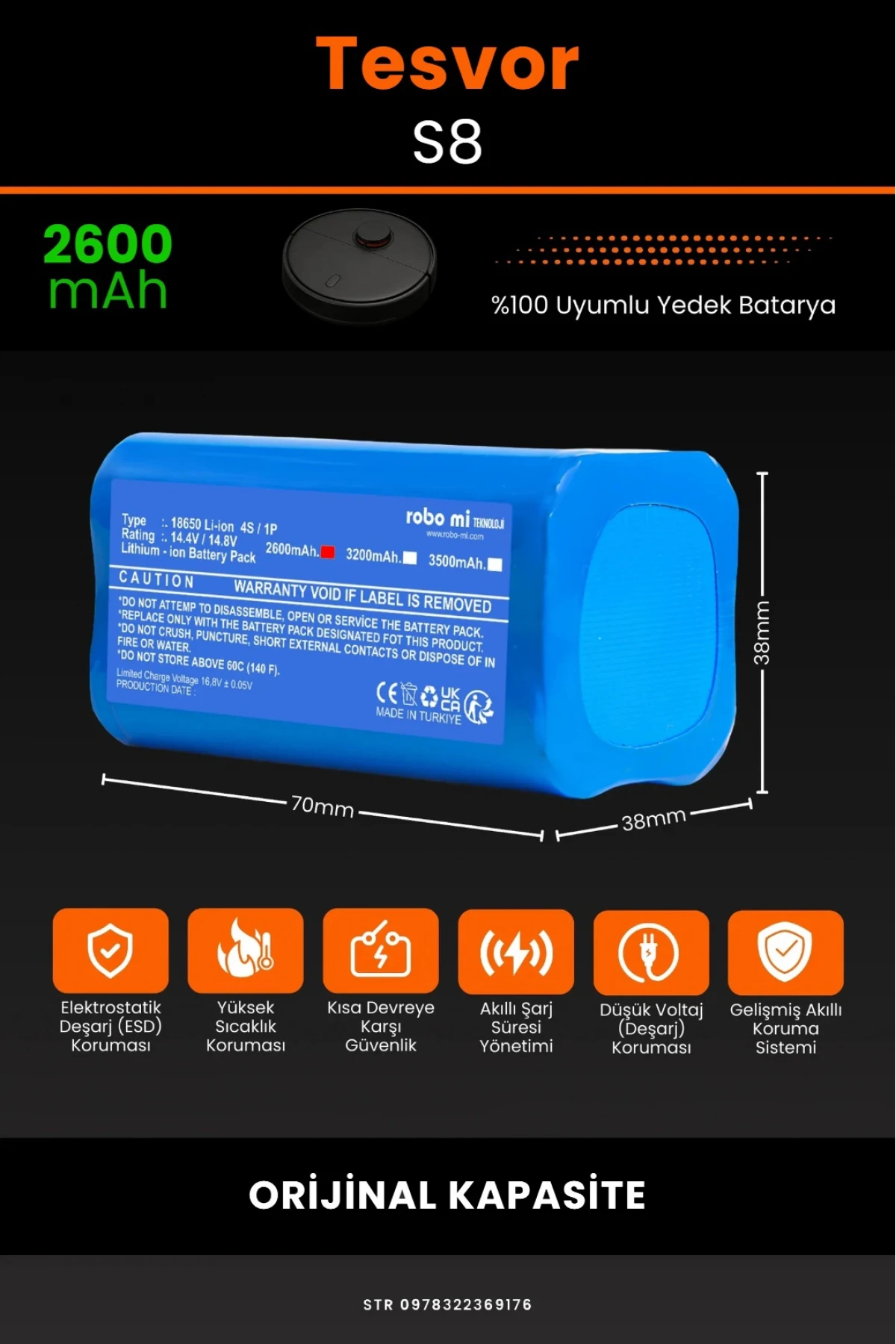 Tesvor S8 Uyumlu 2600mAh Robot Süpürge Bataryası - Orijinal Kapasite