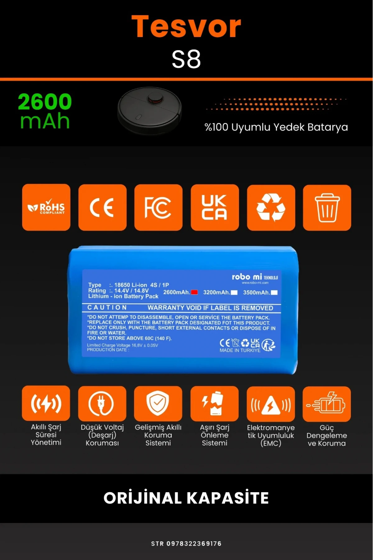 Tesvor S8 Uyumlu 2600mAh Robot Süpürge Bataryası - Orijinal Kapasite