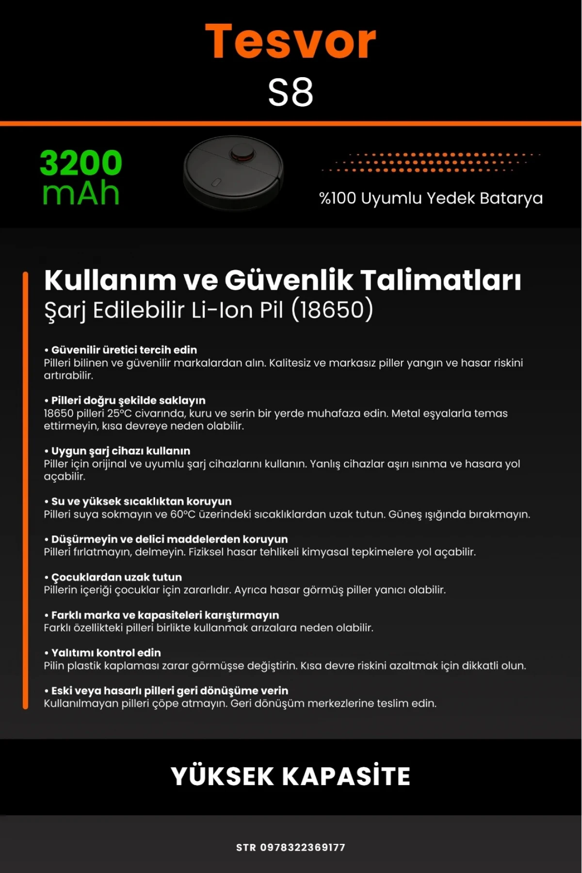 Tesvor S8 Uyumlu 3200mAh Robot Süpürge Bataryası - Yüksek Kapasite