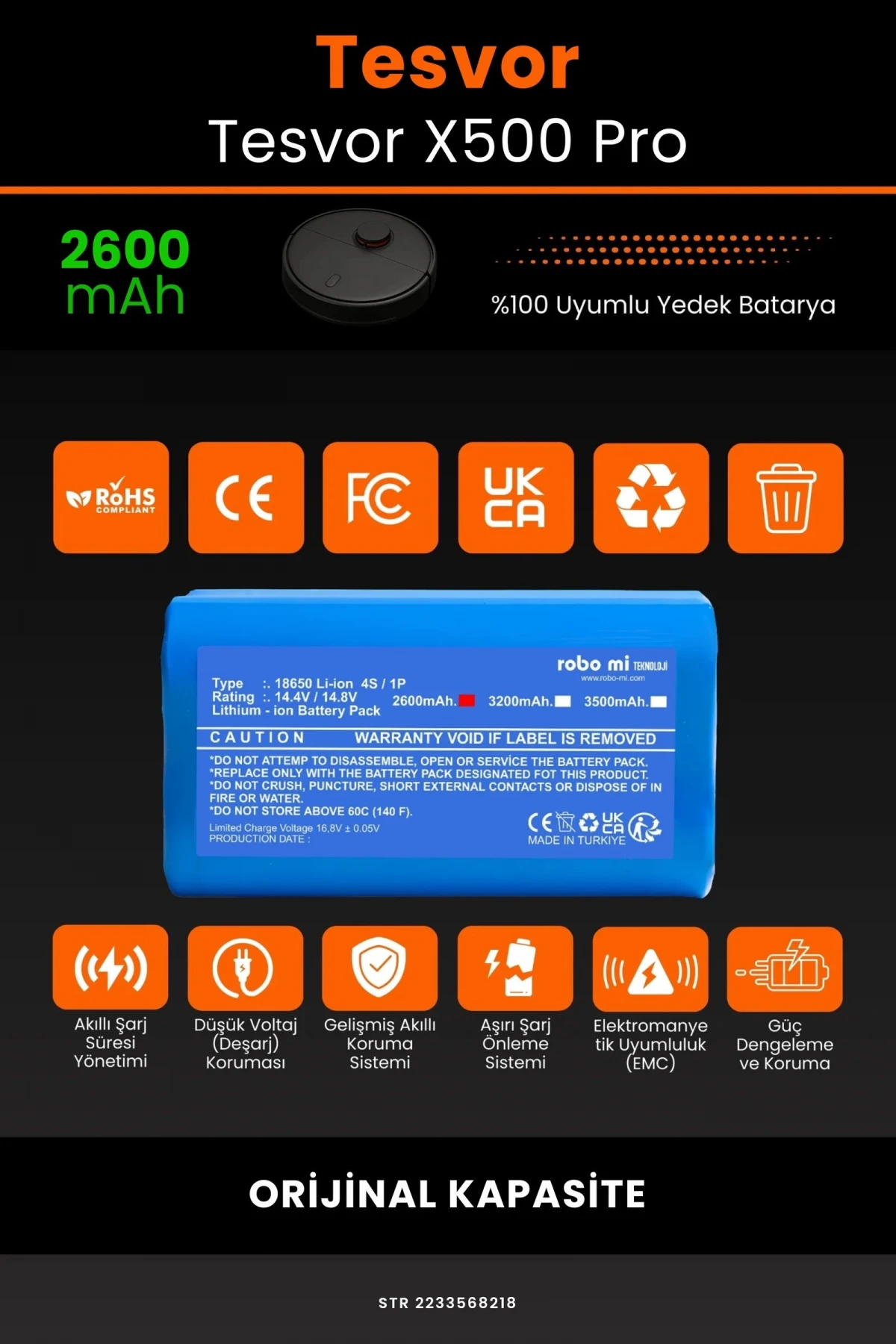 Tesvor Tesvor X500 Pro 2600mAh Robot Süpürge Bataryası - Gerçek Kapasite, Maksimum Güvenlik