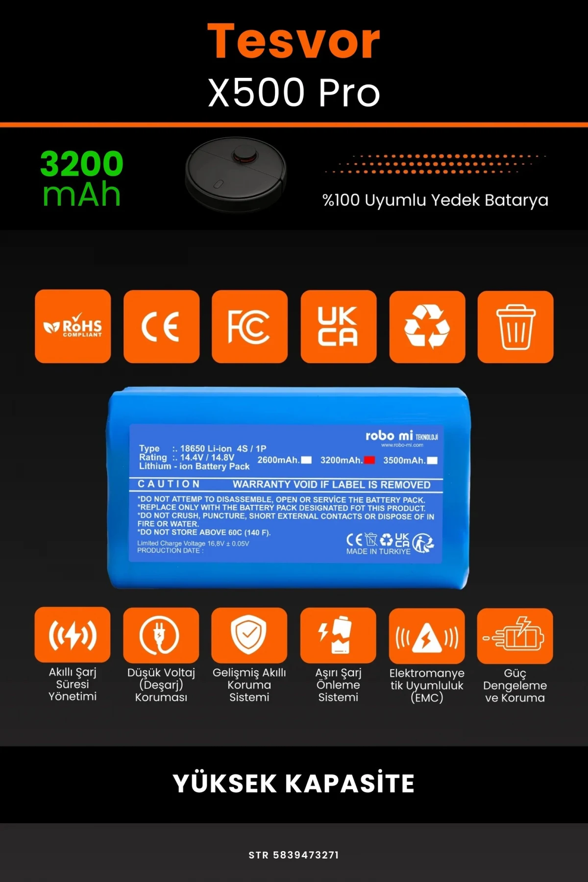 Tesvor Tesvor X500 Pro 3200mAh Robot Süpürge Bataryası - Gerçek Kapasite, Maksimum Güvenlik