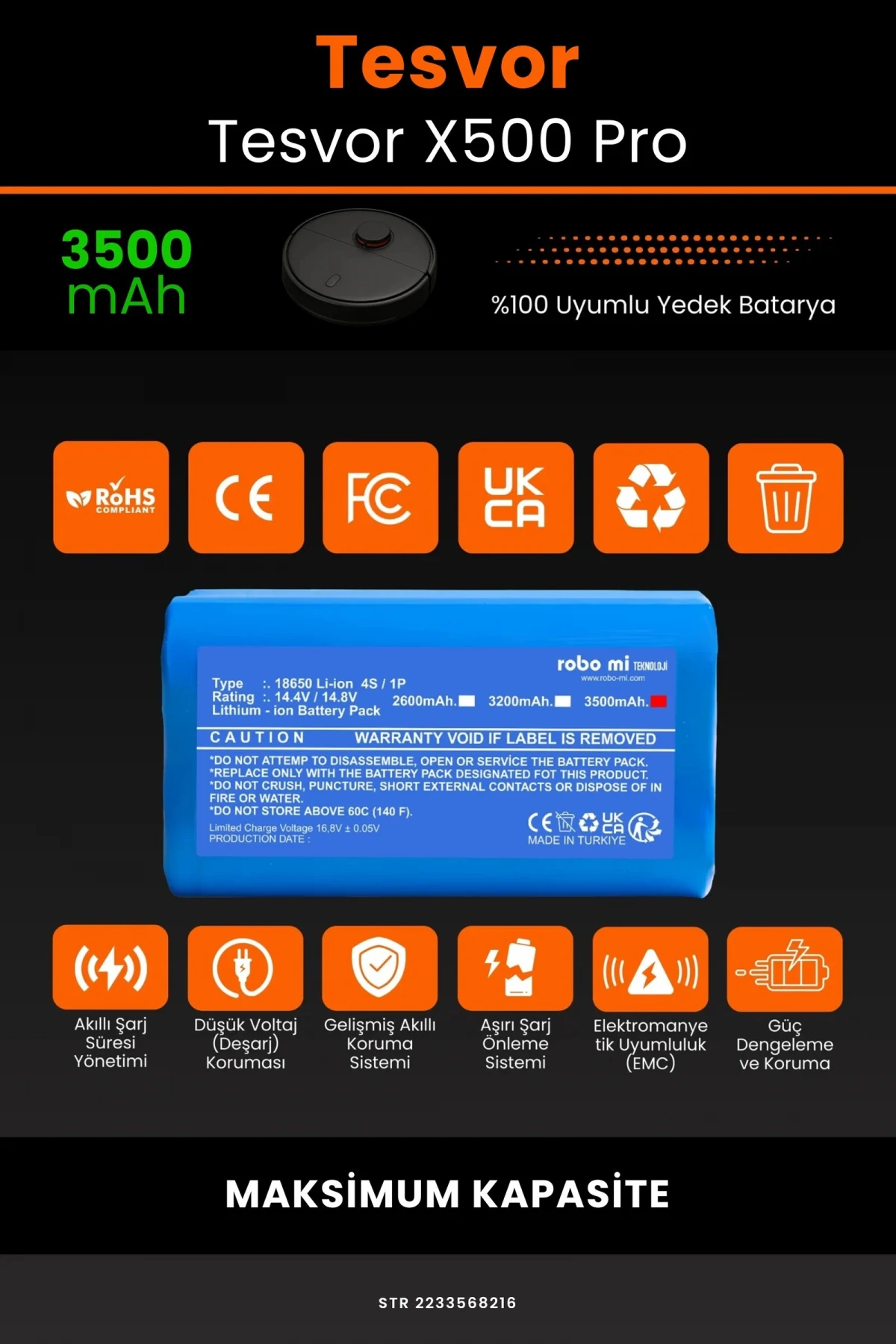 Tesvor Tesvor X500 Pro 3500mAh Robot Süpürge Bataryası - Gerçek Kapasite, Maksimum Güvenlik