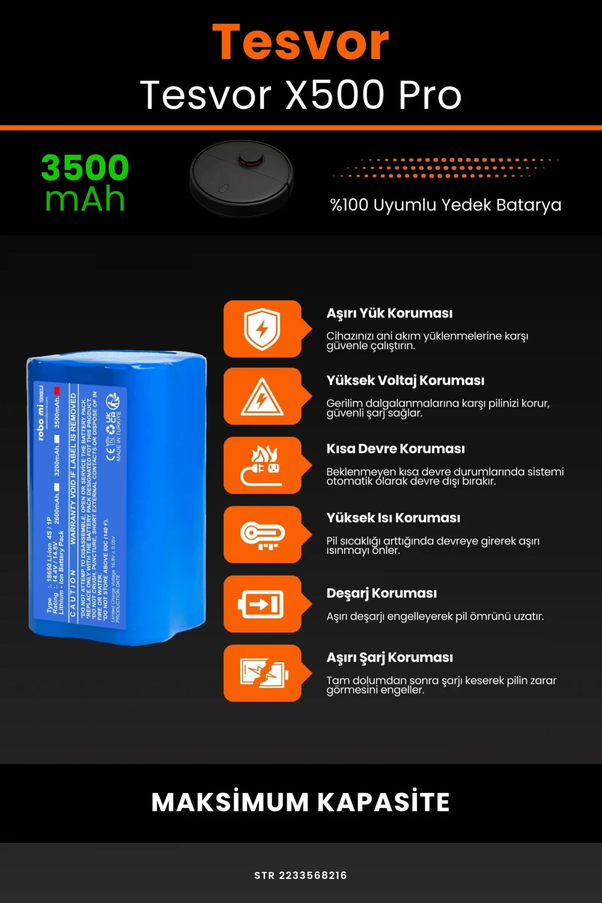 Tesvor Tesvor X500 Pro 3500mAh Robot Süpürge Bataryası - Gerçek Kapasite, Maksimum Güvenlik