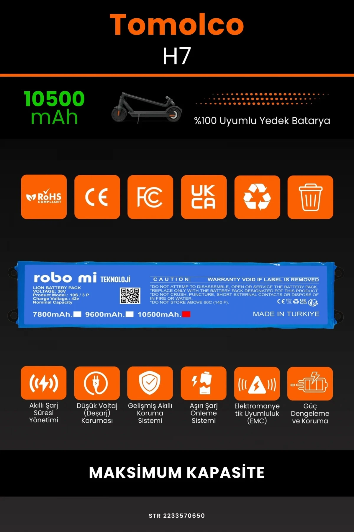 Tomolco H7 / 36V 10500mAh Elektrikli Scooter Bataryası - Gerçek Kapasite, Maksimum Güvenlik