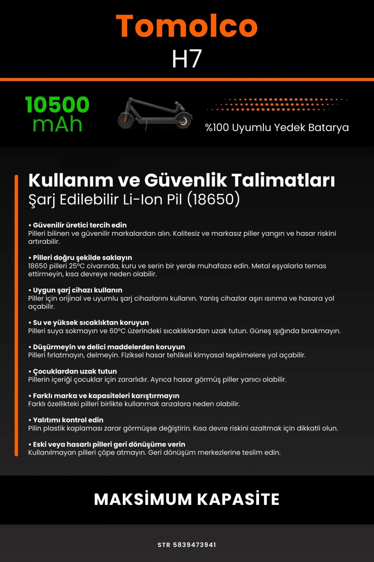 Tomolco H7 / 36V 10500mAh Elektrikli Scooter Bataryası - Gerçek Kapasite, Maksimum Güvenlik