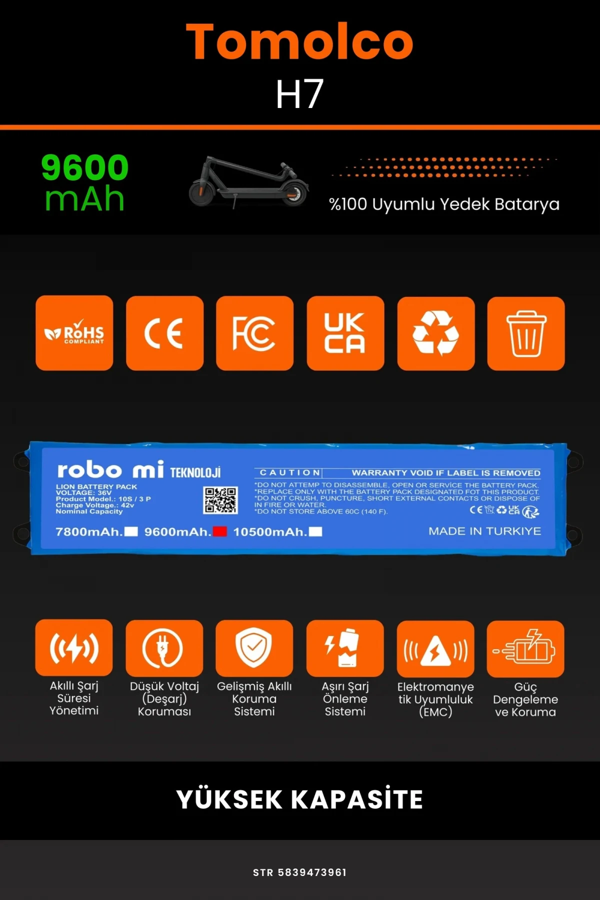Tomolco H7 / 36V 9600mAh Elektrikli Scooter Bataryası - Gerçek Kapasite, Maksimum Güvenlik