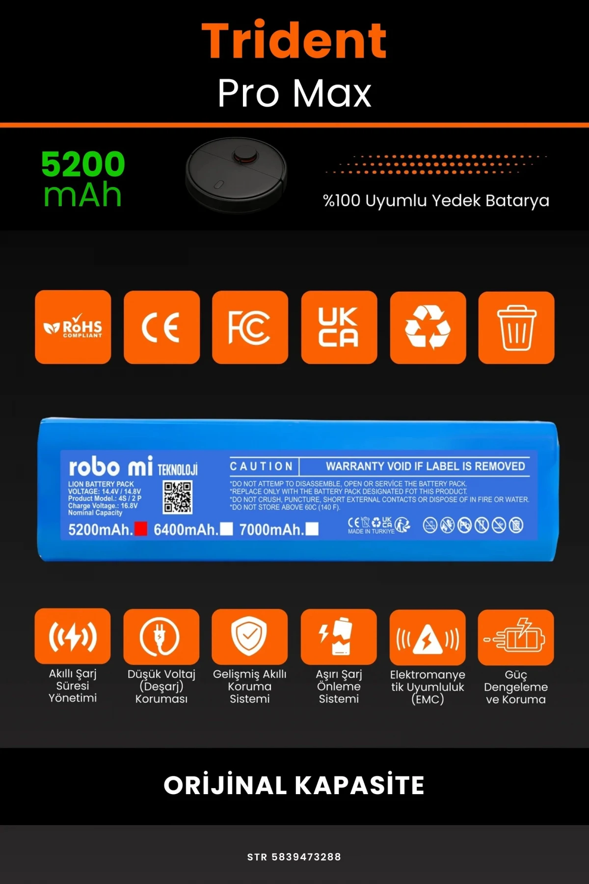Trident Pro Max 5200mAh Robot Süpürge Bataryası - Gerçek Kapasite, Maksimum Güvenlik