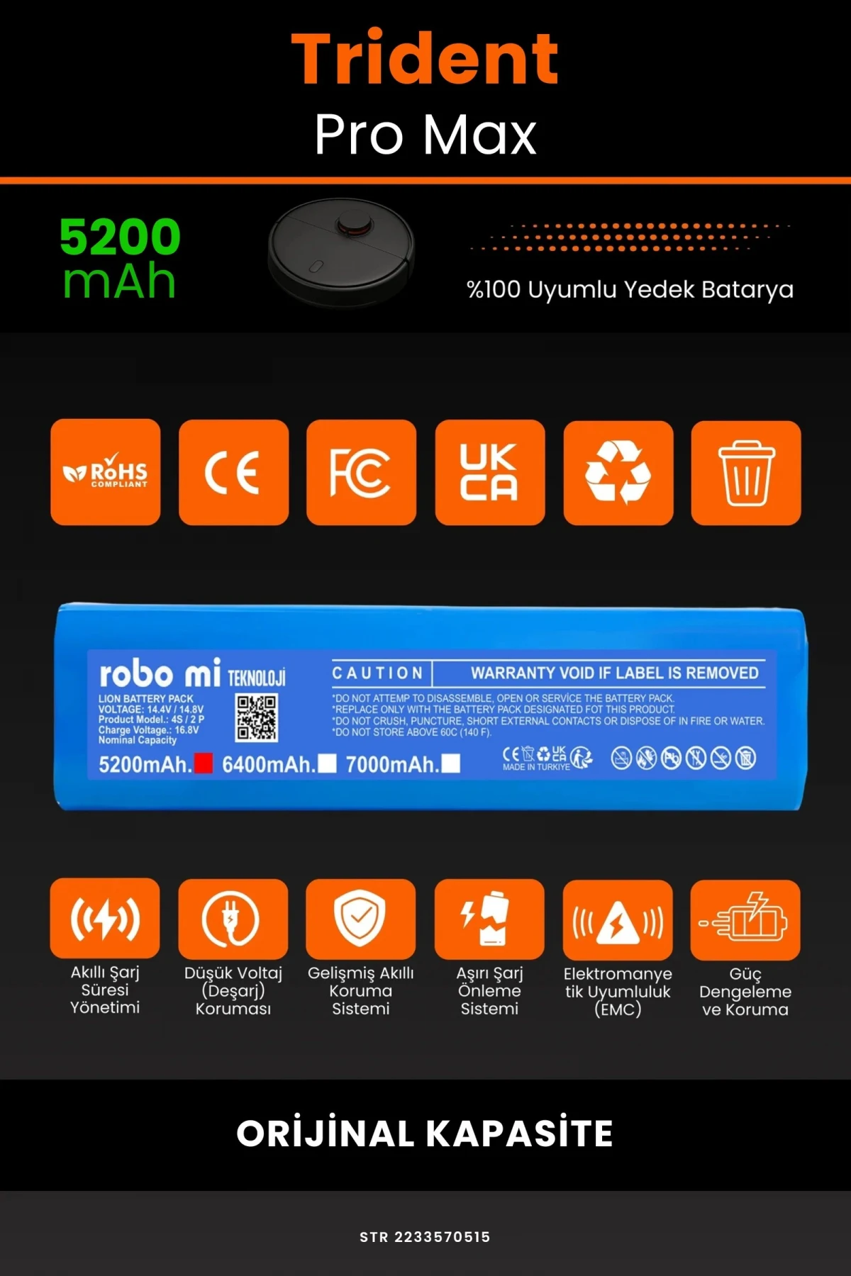 Trident Pro Max 5200mAh Robot Süpürge Bataryası - Gerçek Kapasite, Maksimum Güvenlik