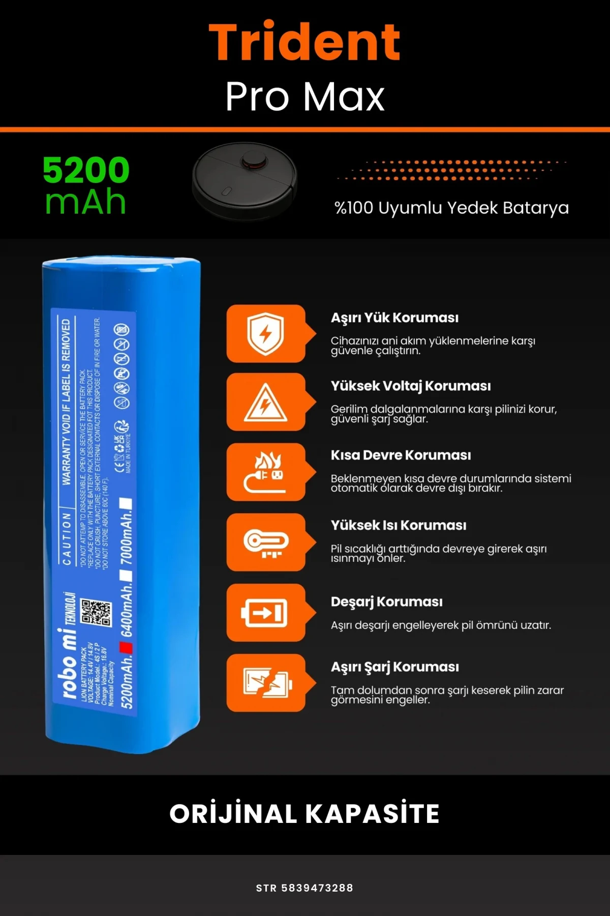Trident Pro Max 5200mAh Robot Süpürge Bataryası - Gerçek Kapasite, Maksimum Güvenlik