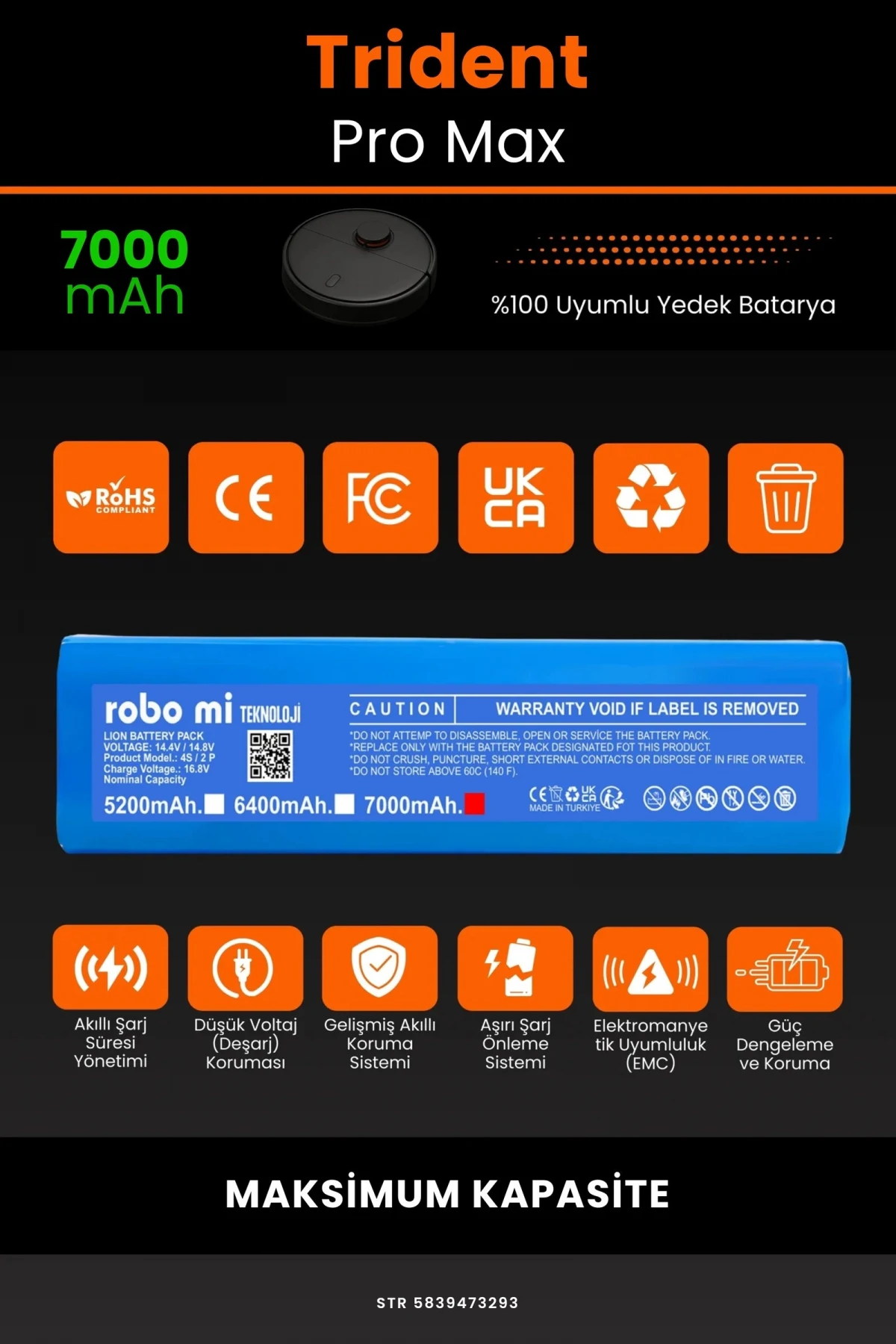 Trident Pro Max 7000mAh Robot Süpürge Bataryası - Gerçek Kapasite, Maksimum Güvenlik