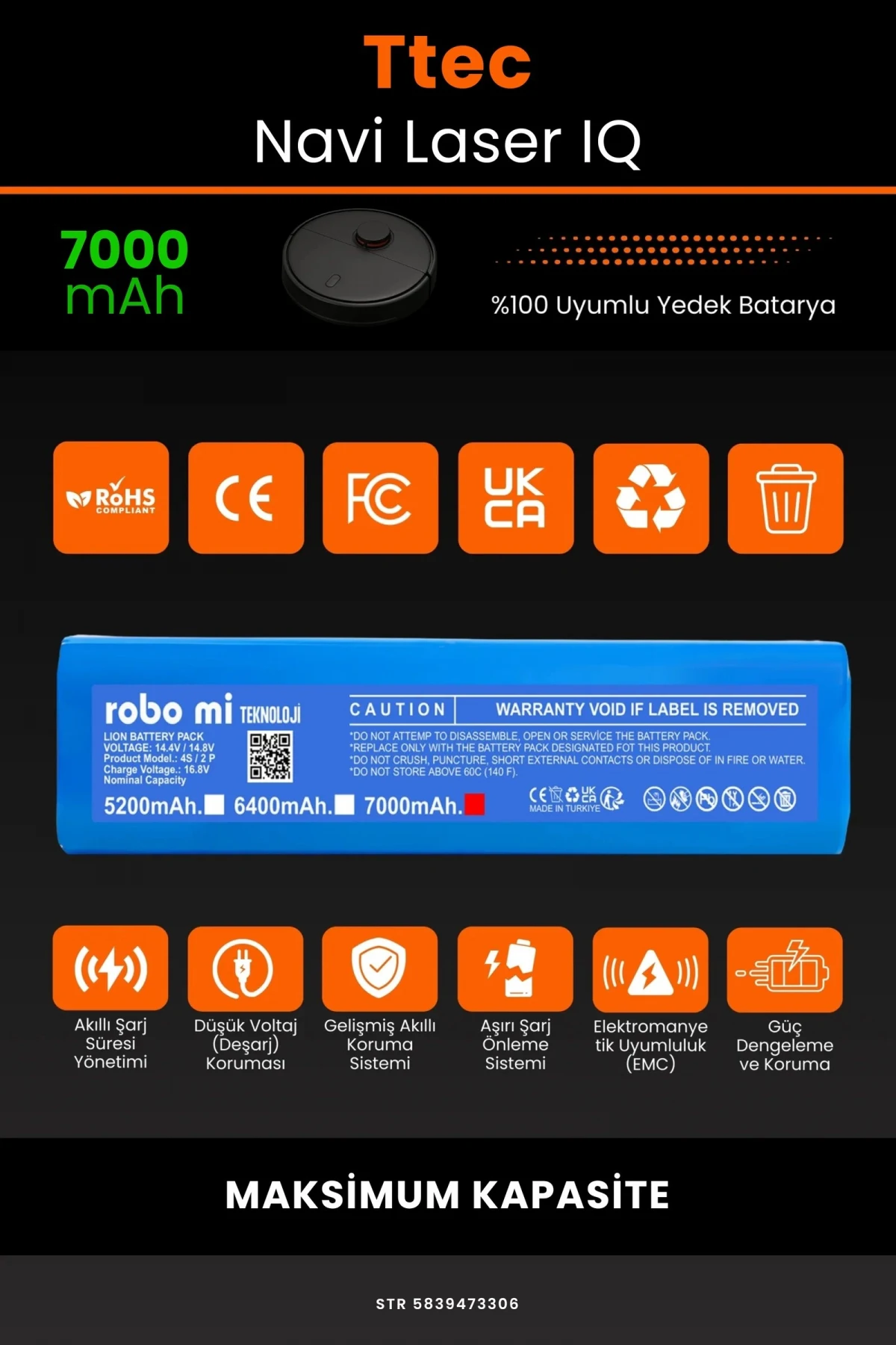 TTEC Navi Laser IQ 7000mAh Robot Süpürge Bataryası - Gerçek Kapasite, Maksimum Güvenlik