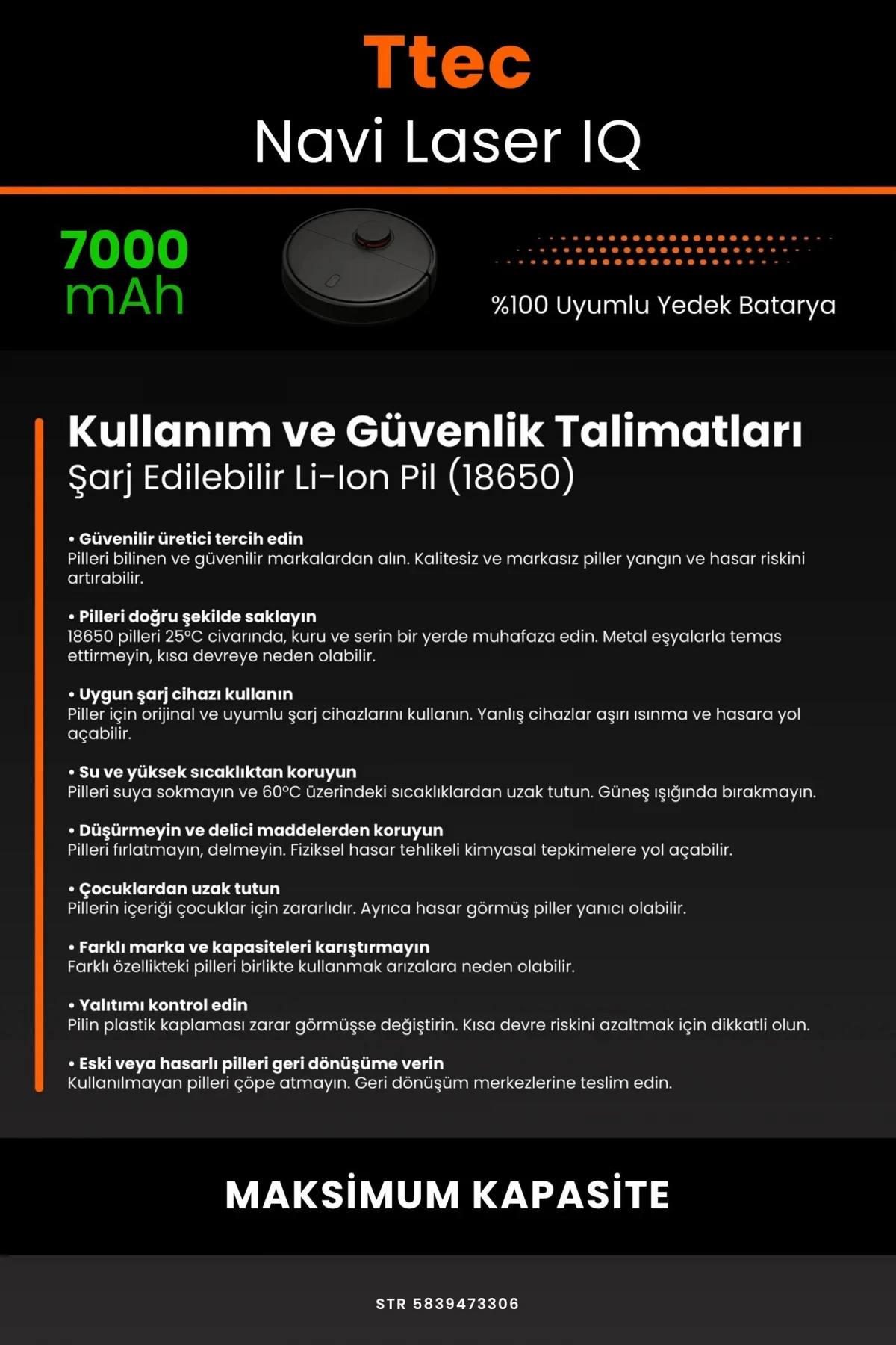 TTEC Navi Laser IQ 7000mAh Robot Süpürge Bataryası - Gerçek Kapasite, Maksimum Güvenlik