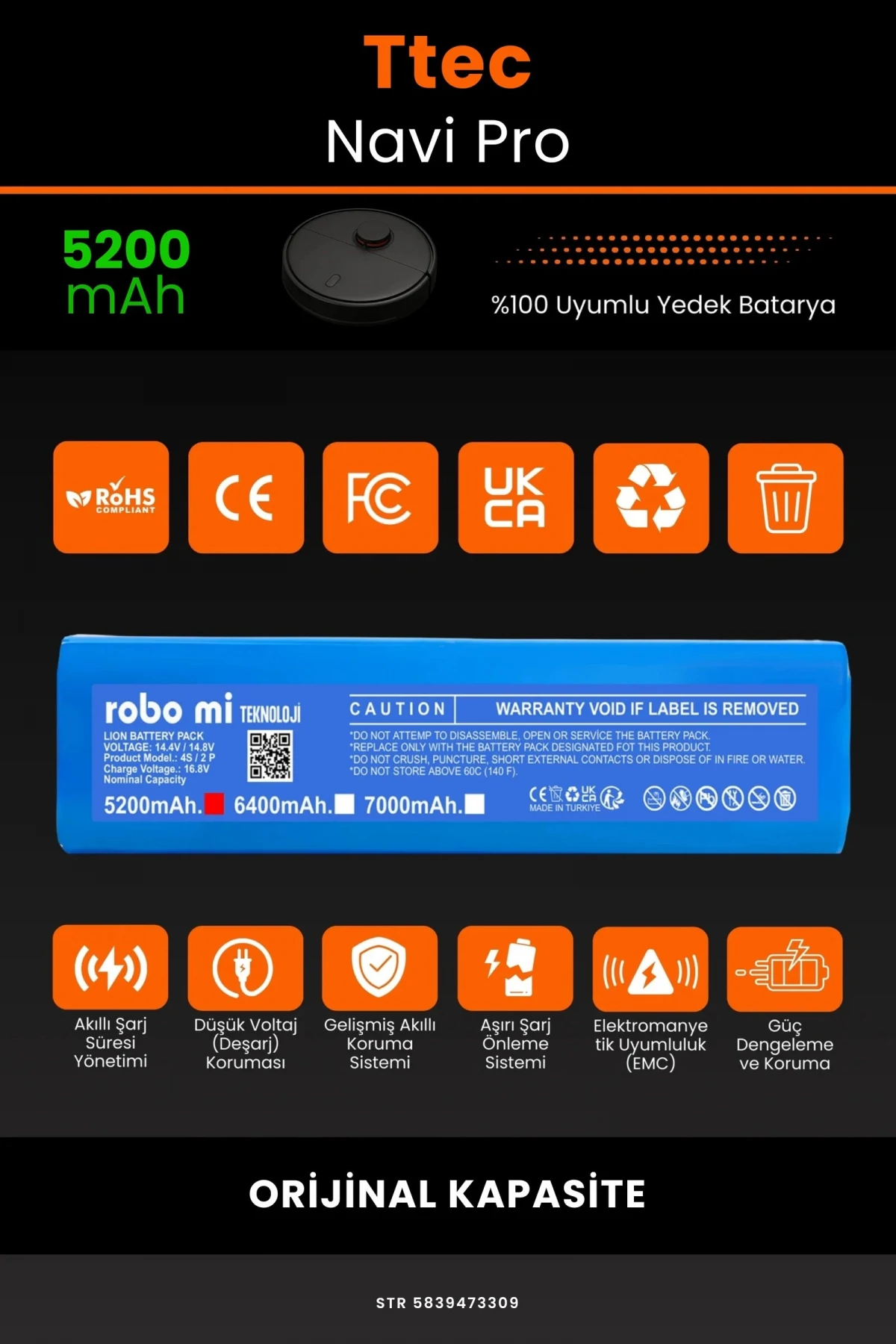 TTEC Navi Pro 5200mAh Robot Süpürge Bataryası - Gerçek Kapasite, Maksimum Güvenlik