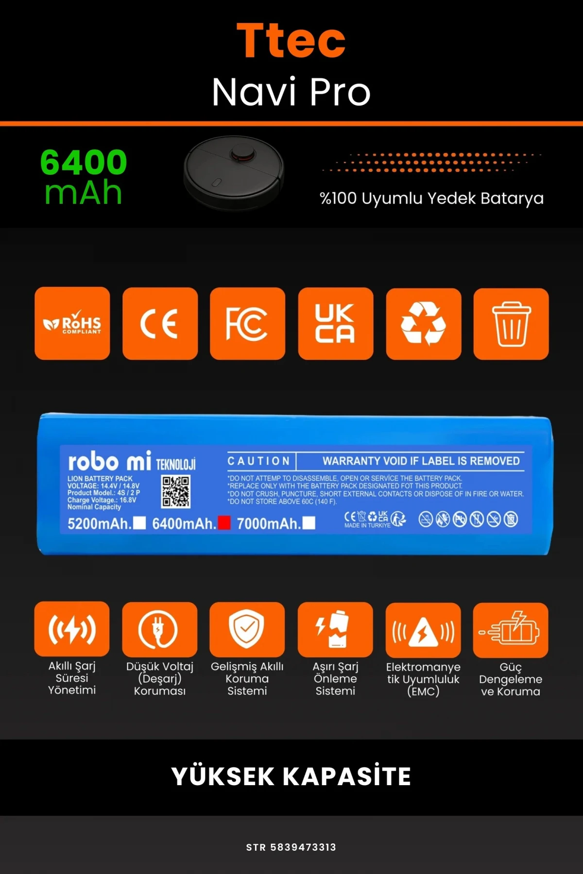 TTEC Navi Pro 6400mAh Robot Süpürge Bataryası - Gerçek Kapasite, Maksimum Güvenlik