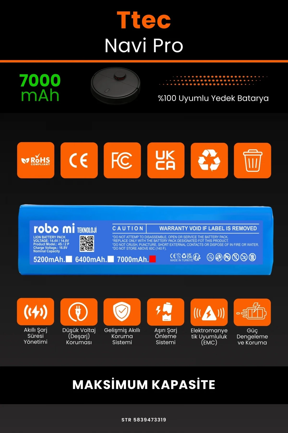 TTEC Navi Pro 7000mAh Robot Süpürge Bataryası - Gerçek Kapasite, Maksimum Güvenlik