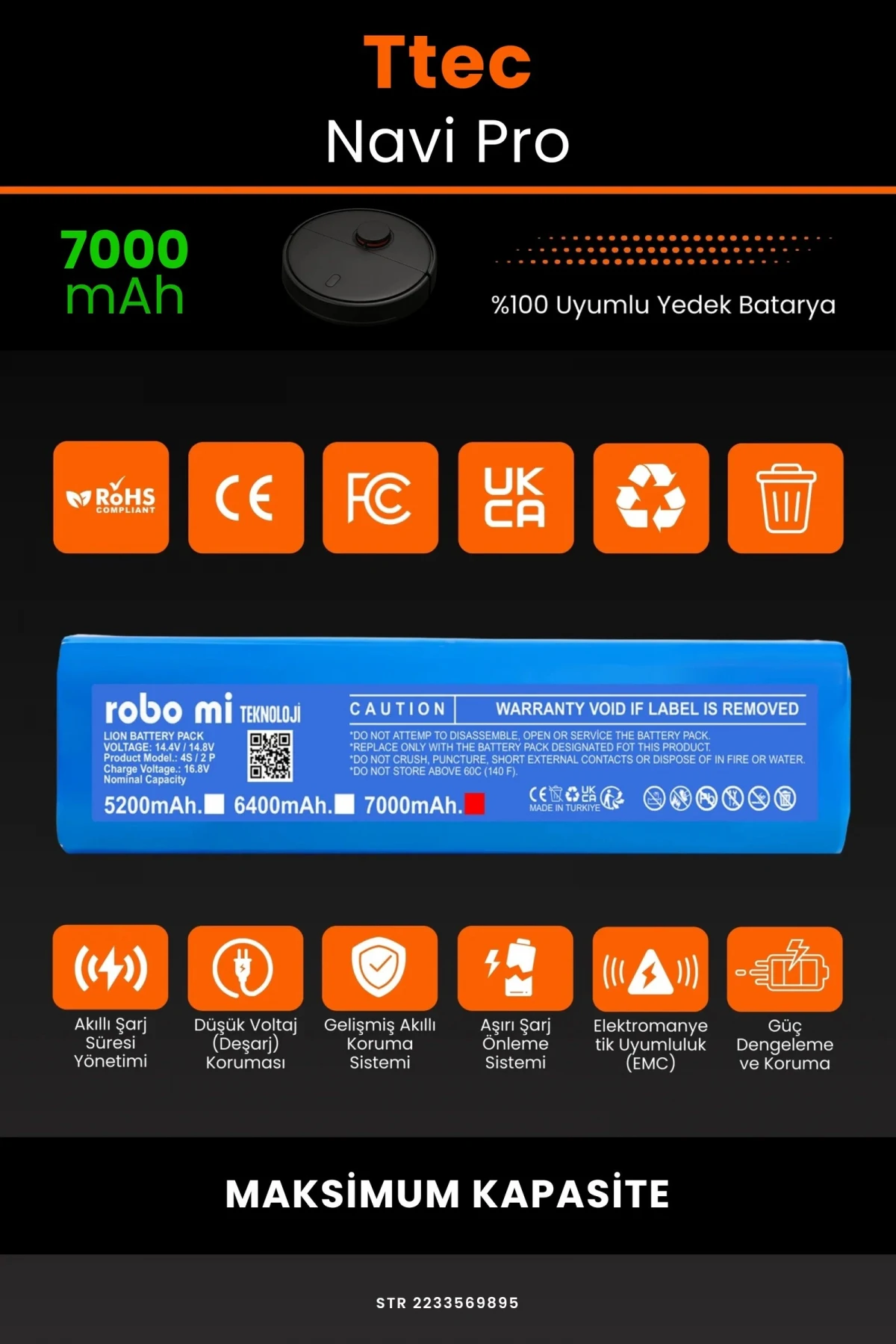 TTEC Navi Pro 7000mAh Robot Süpürge Bataryası - Gerçek Kapasite, Maksimum Güvenlik
