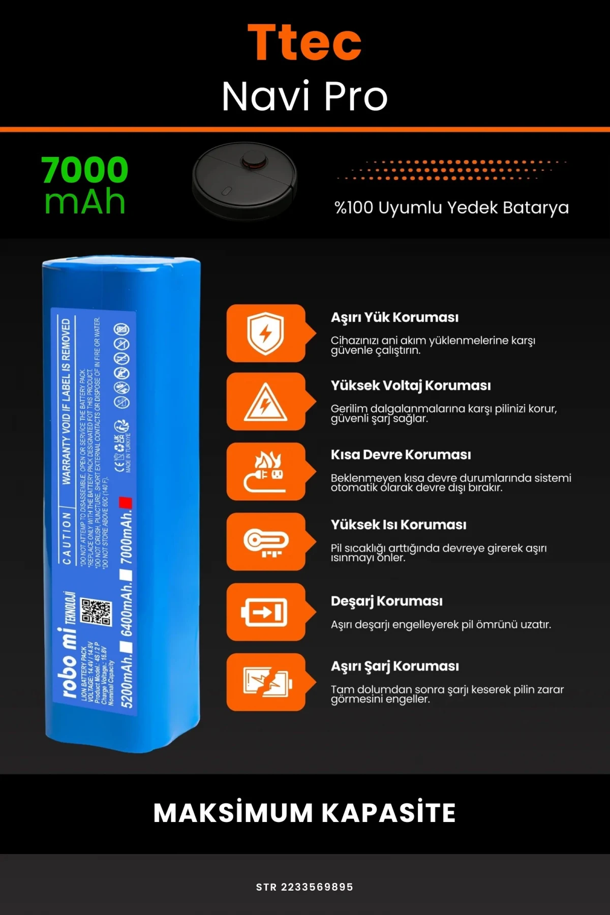 TTEC Navi Pro 7000mAh Robot Süpürge Bataryası - Gerçek Kapasite, Maksimum Güvenlik