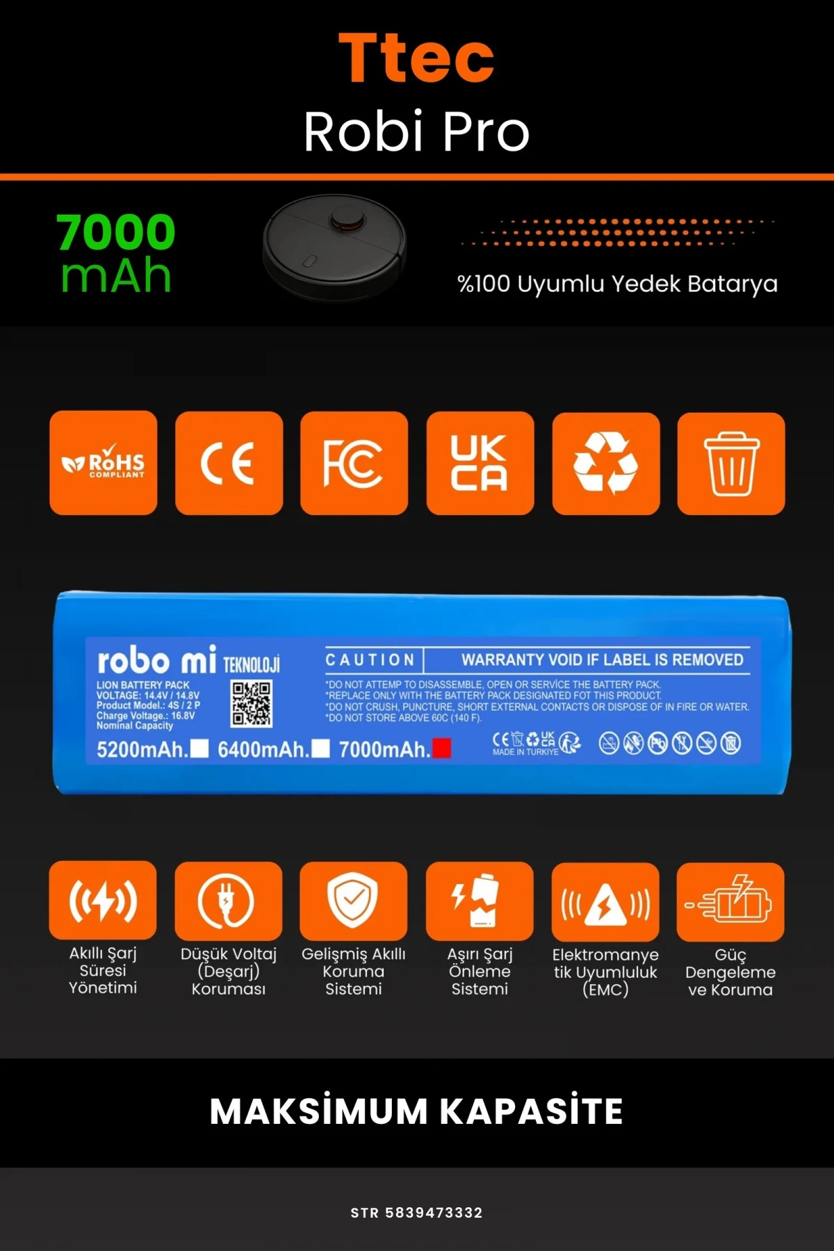 TTEC Robi Pro 7000mAh Robot Süpürge Bataryası - Gerçek Kapasite, Maksimum Güvenlik