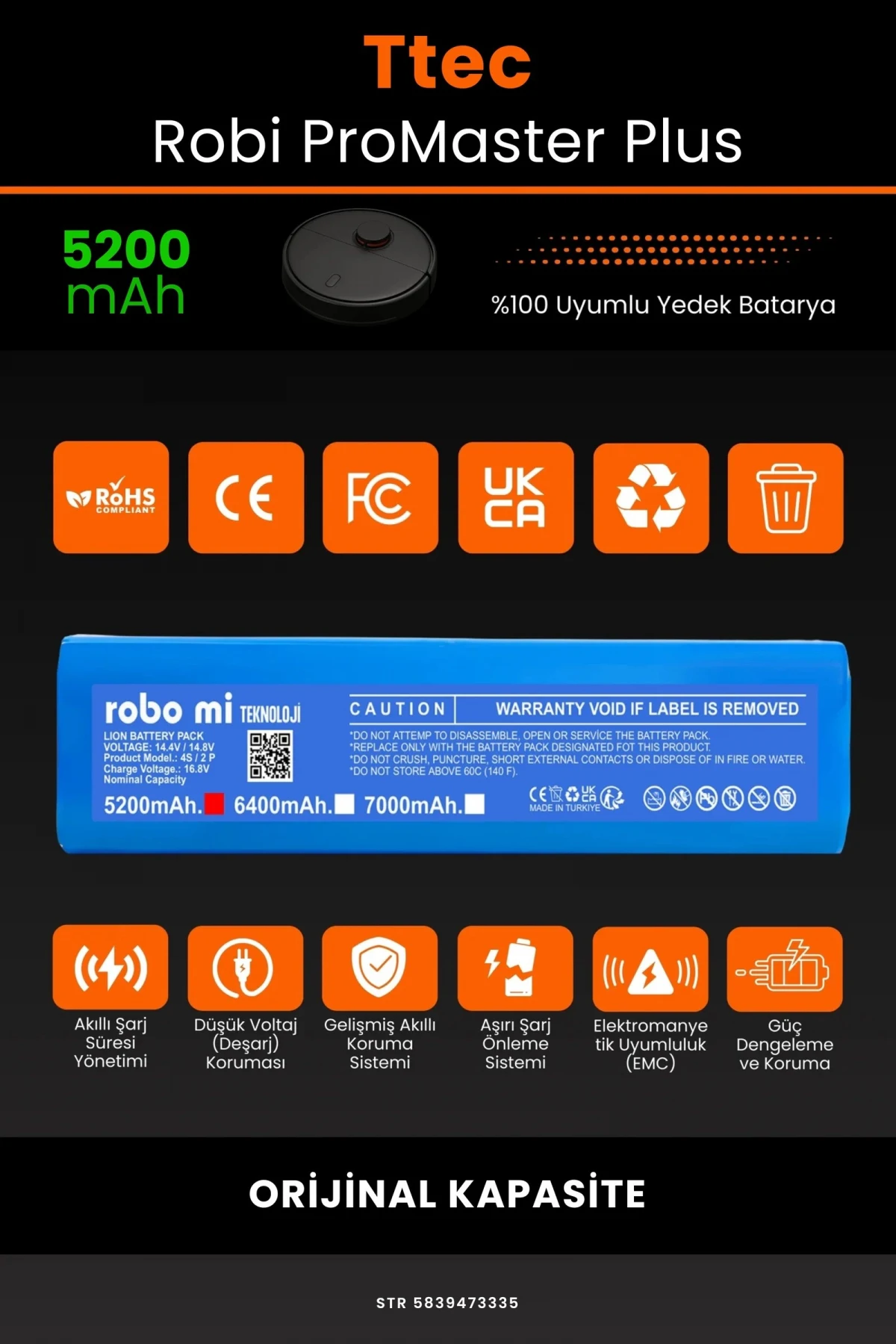 TTEC Robi ProMaster Plus 5200mAh Robot Süpürge Bataryası - Gerçek Kapasite, Maksimum Güvenlik