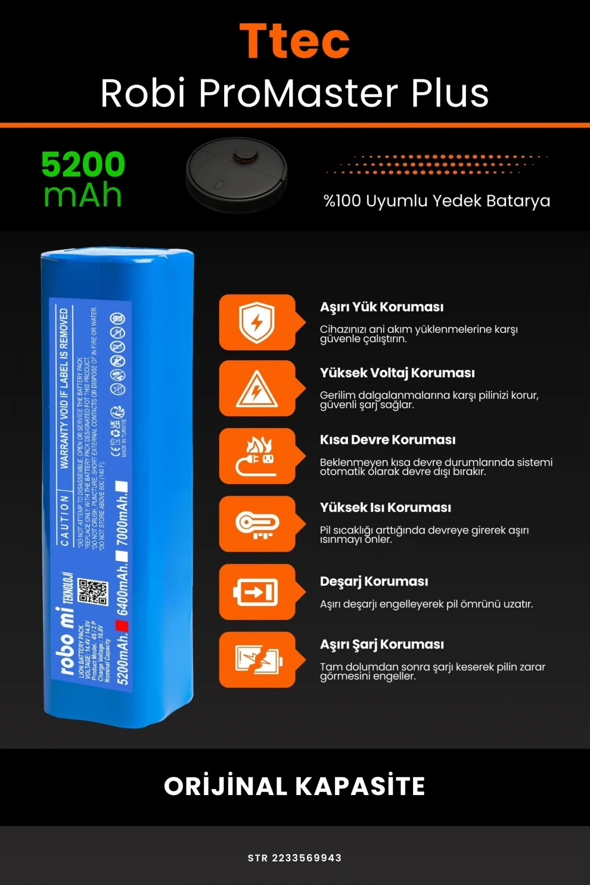 TTEC Robi ProMaster Plus 5200mAh Robot Süpürge Bataryası - Gerçek Kapasite, Maksimum Güvenlik